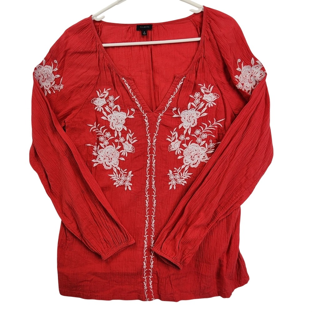 Talbots Red Embroidered Boho Peasant Blouse Top Cotton Gauze Floral VNeck Size M